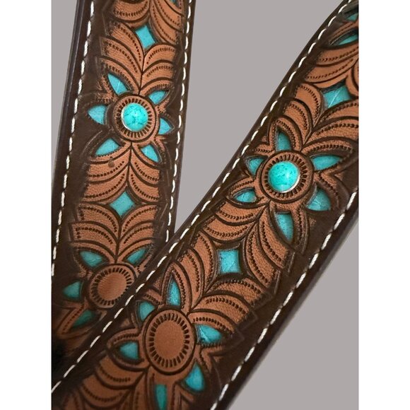 Western Floral Tooled Leather Belt With Turquoise Accents & Silver Buckle - Unis - Picture 2 of 7